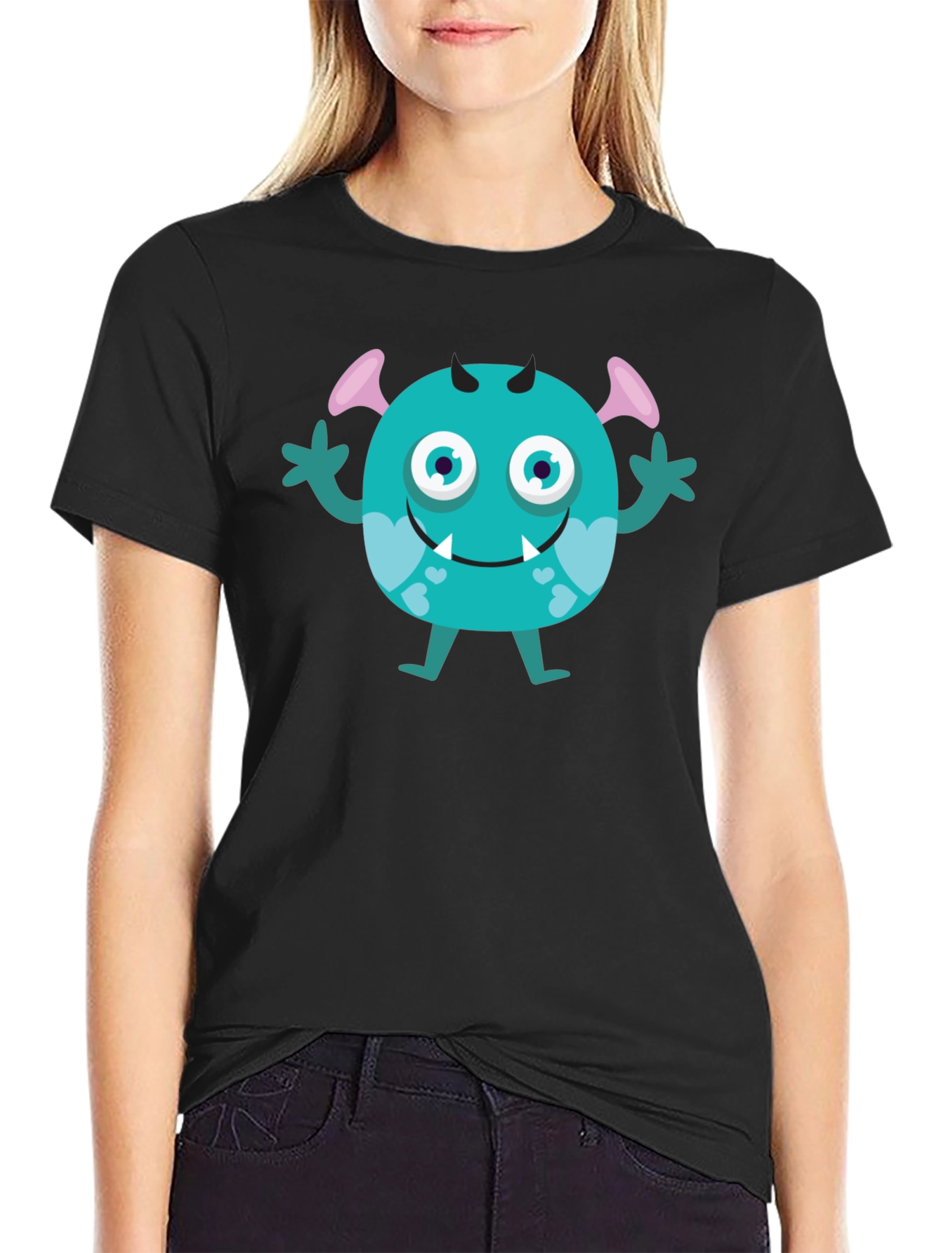 Cute Monster Graphic Tee - Black Cotton T-Shirt
