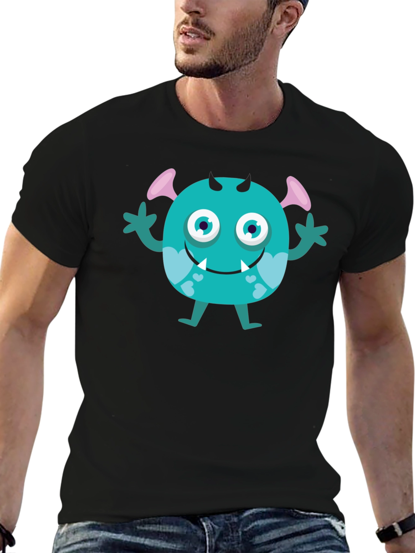 Cute Monster Graphic Tee - Black Cotton T-Shirt