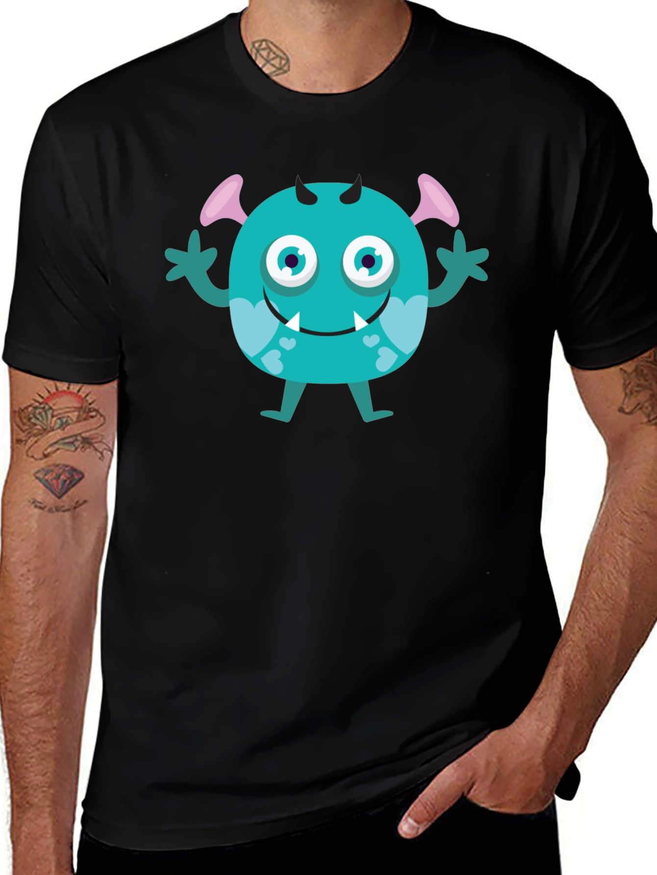 Cute Monster Graphic Tee - Black Cotton T-Shirt