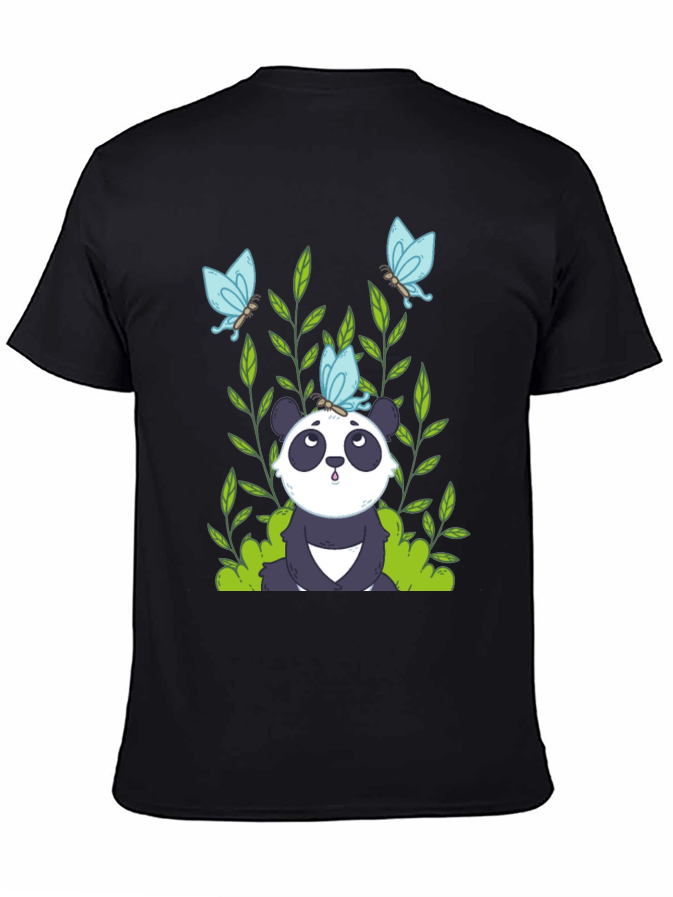 Panda and Butterflies Black T-Shirt