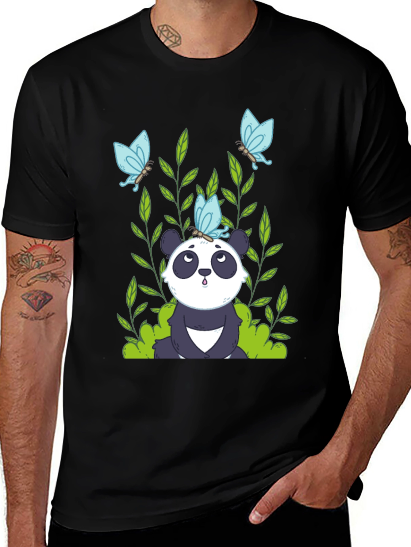 Panda and Butterflies Black T-Shirt