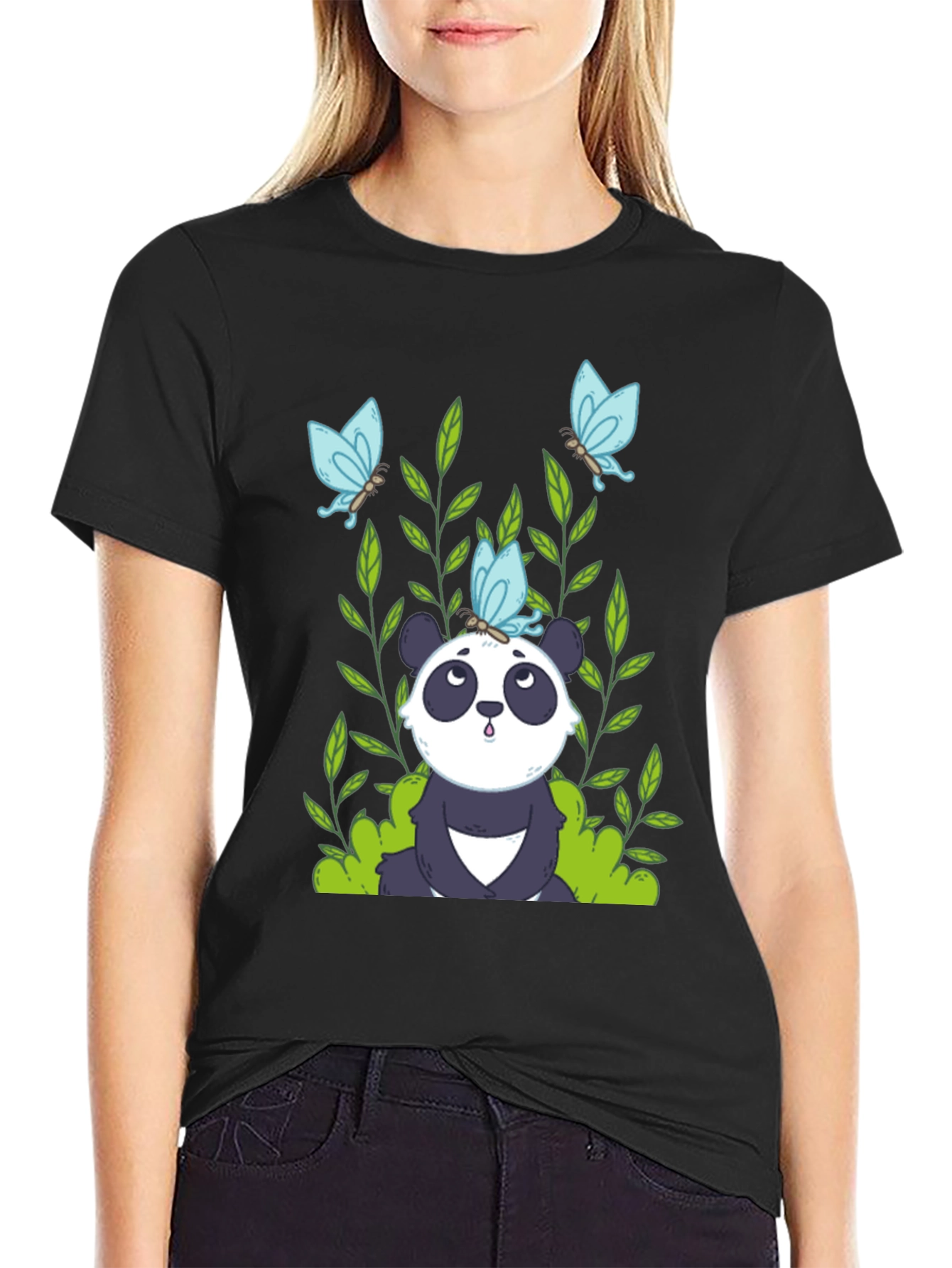Panda and Butterflies Black T-Shirt