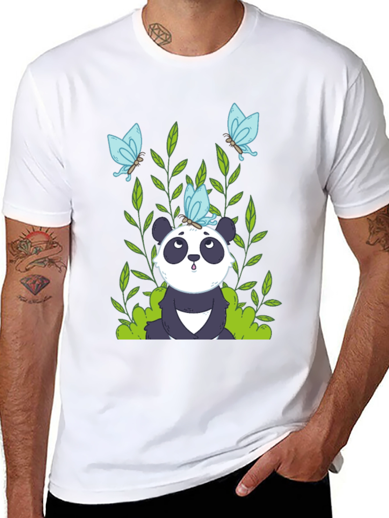 Panda and Butterflies Black T-Shirt