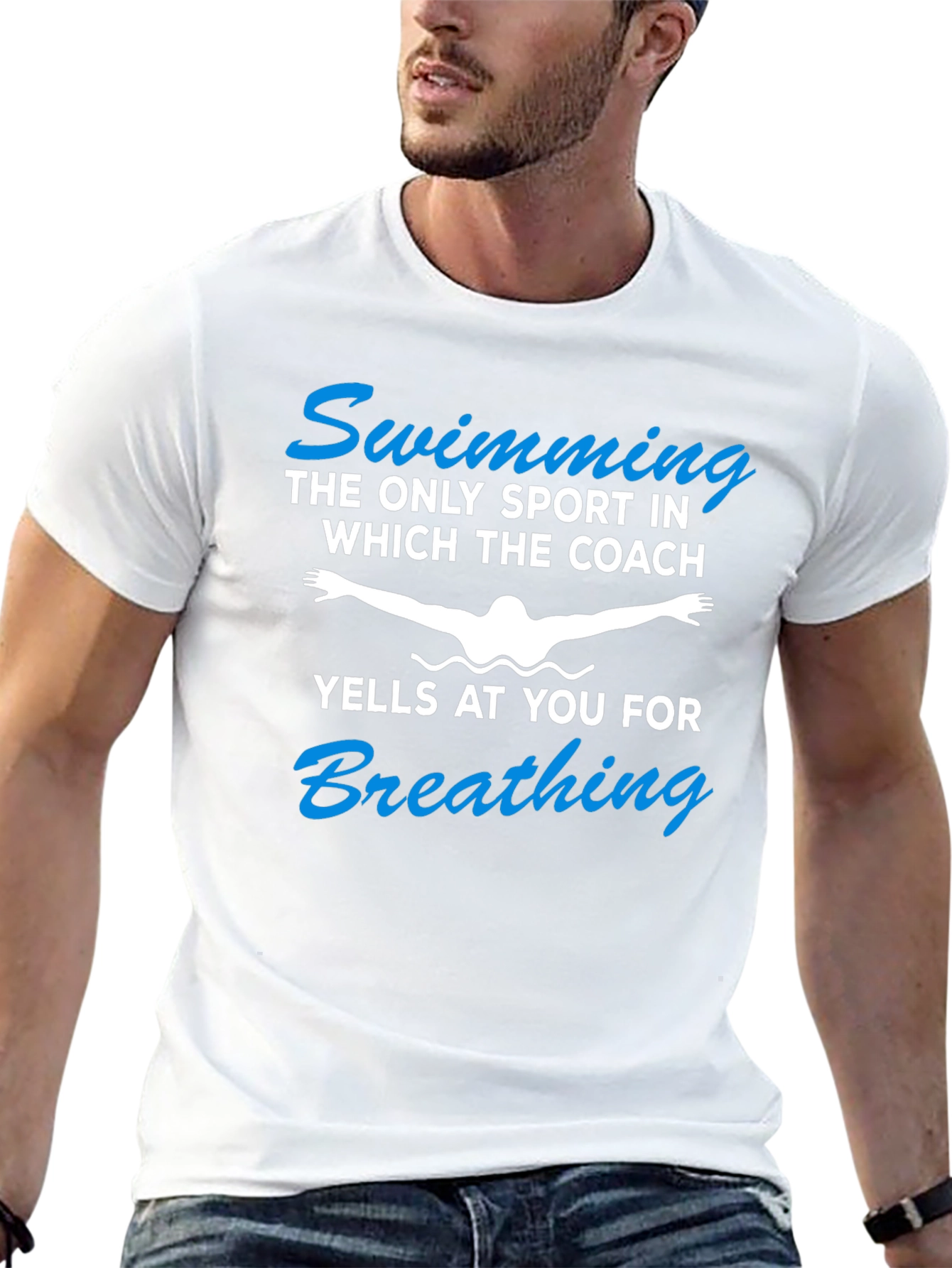 Funny Swimming T-Shirt - Coach Yelling for Breathing