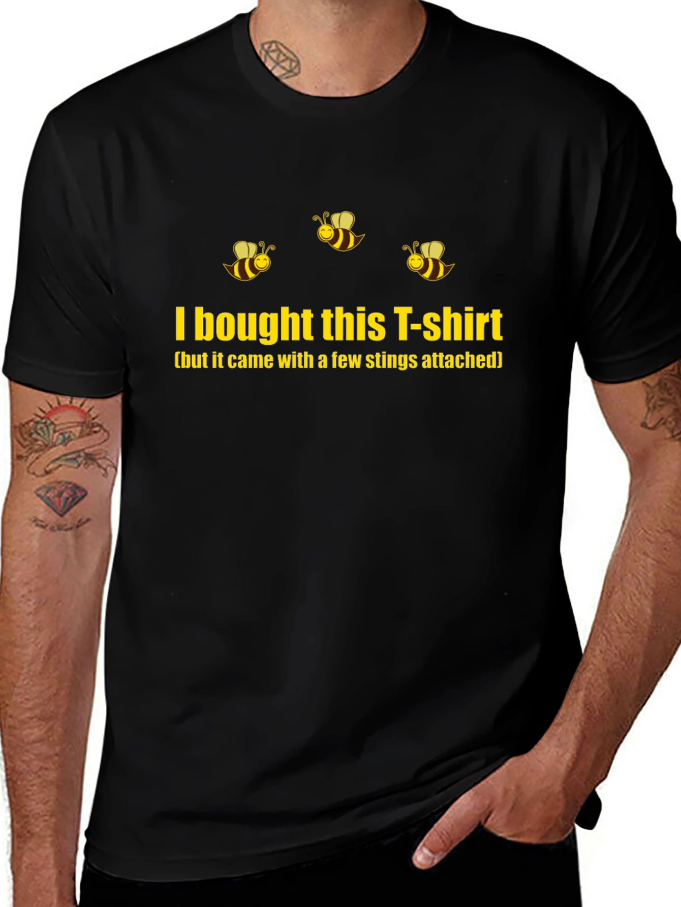 Humorous Bee Sting T-Shirt - Black Cotton Blend