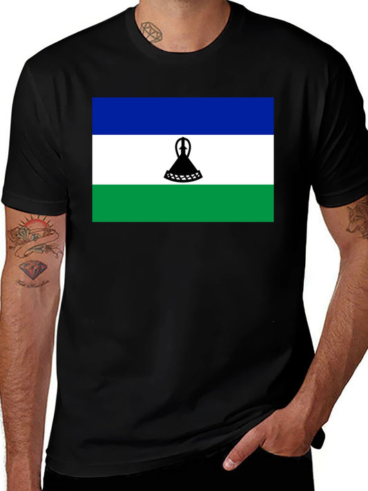 Lesotho Flag Graphic Tee - Black Cotton T-Shirt