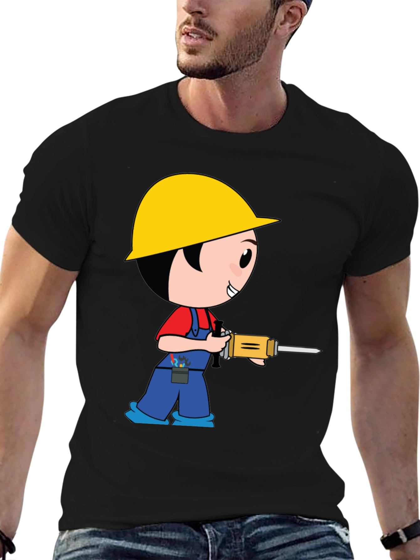 Cartoon Construction Worker Black T-Shirt
