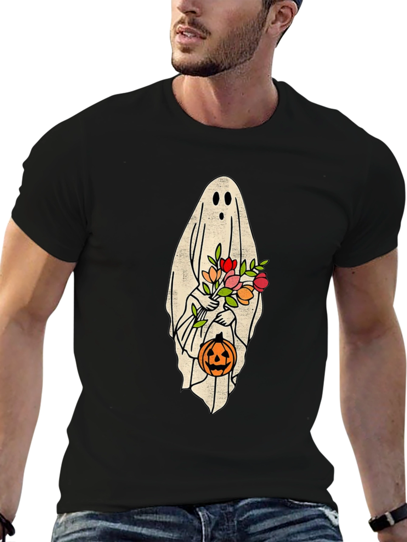 Halloween Ghost Holding Flowers & Pumpkin T-Shirt