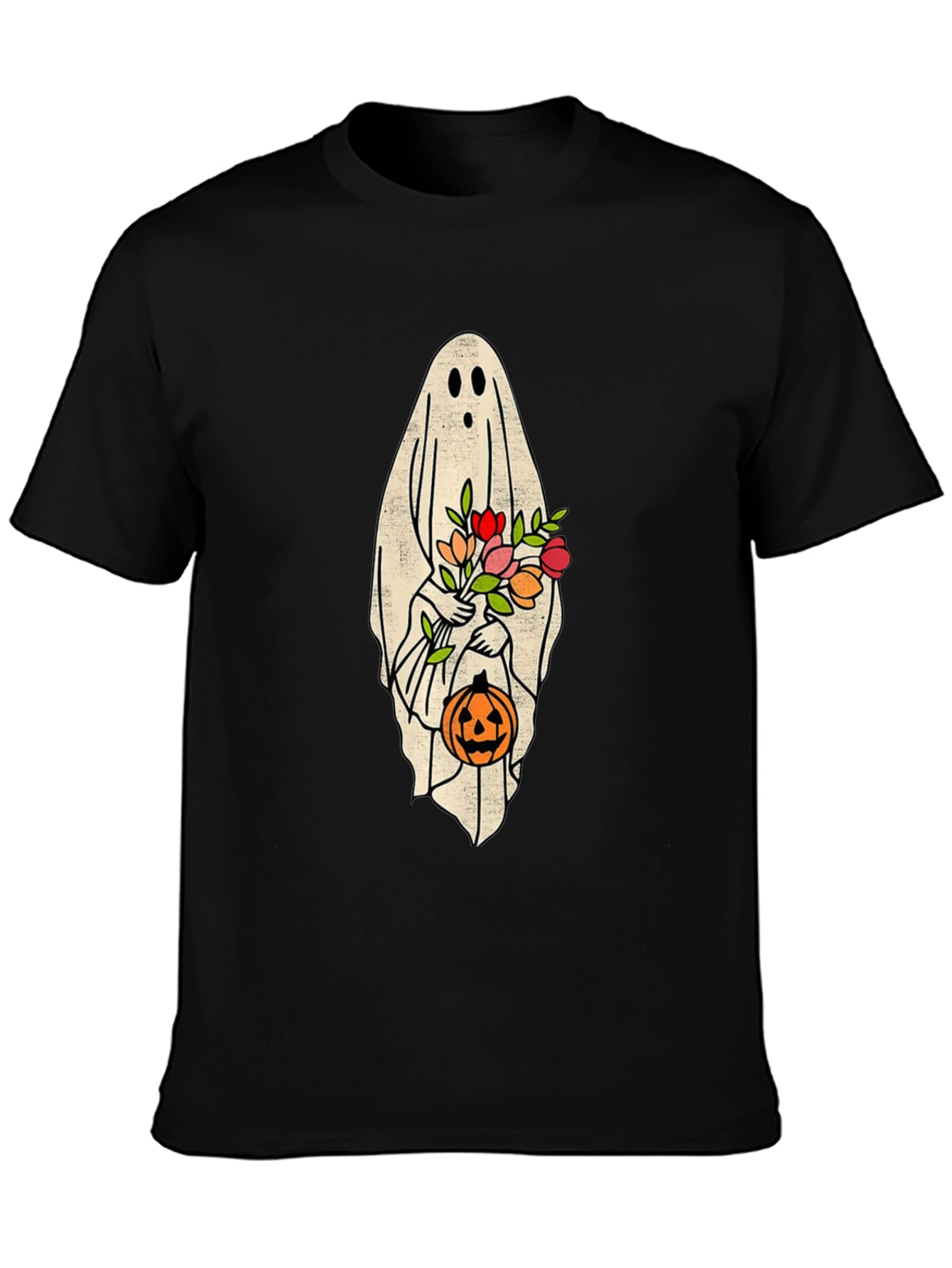 Halloween Ghost Holding Flowers & Pumpkin T-Shirt