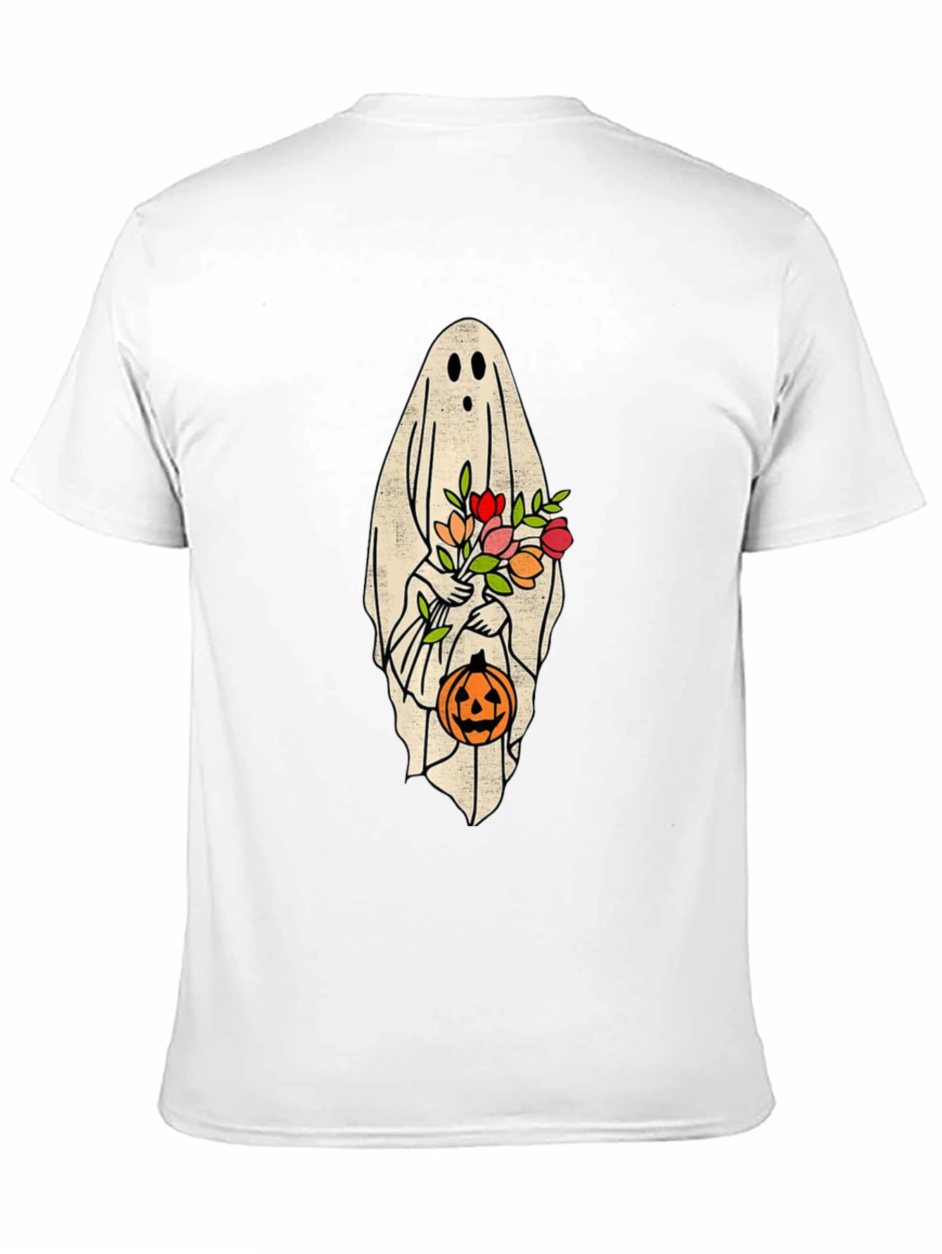 Halloween Ghost Holding Flowers & Pumpkin T-Shirt