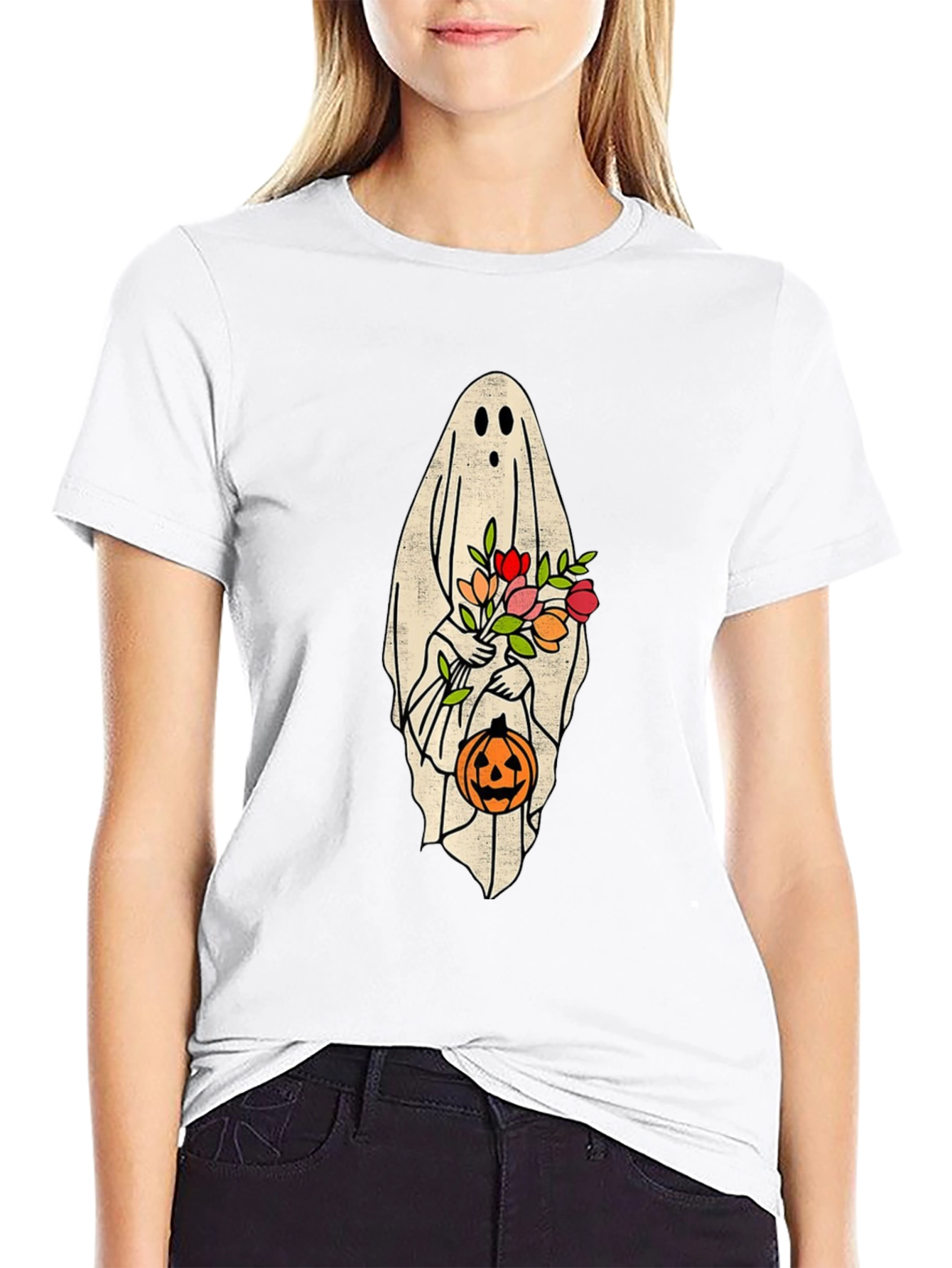 Halloween Ghost Holding Flowers & Pumpkin T-Shirt