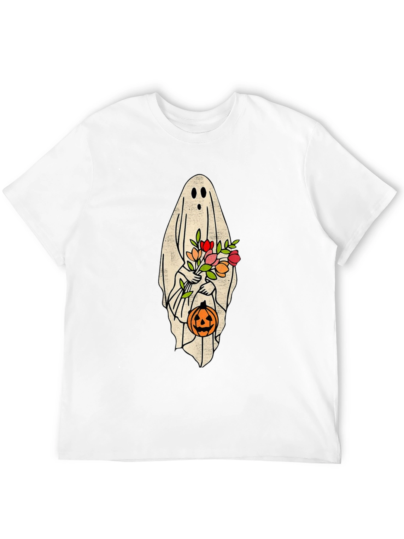 Halloween Ghost Holding Flowers & Pumpkin T-Shirt