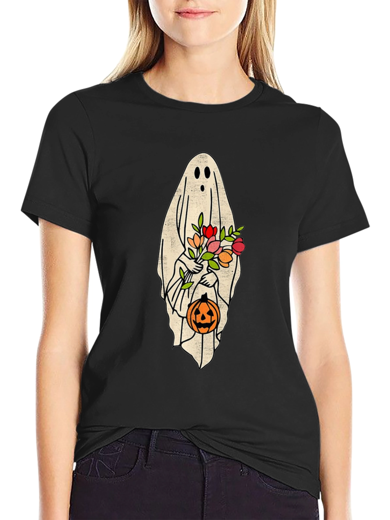 Halloween Ghost Holding Flowers & Pumpkin T-Shirt