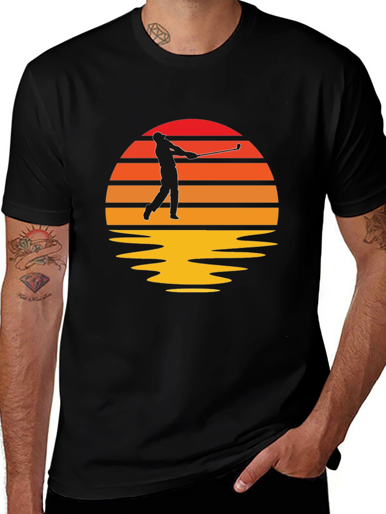 Retro Golfer Sunset Black T-Shirt