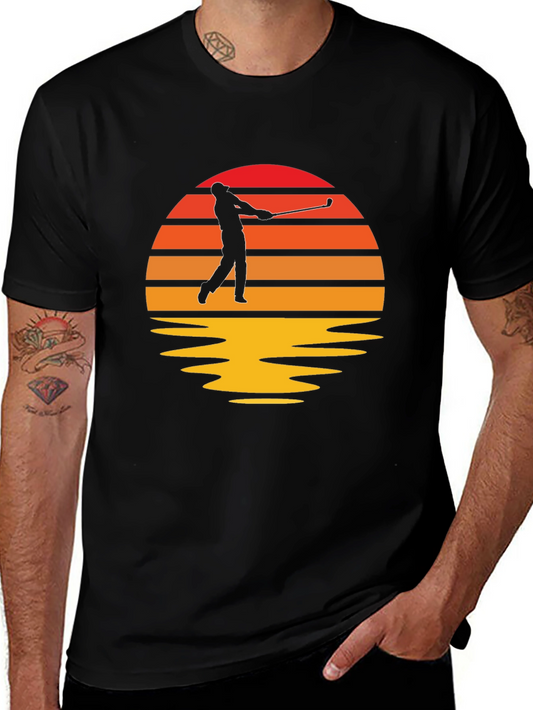 Retro Golfer Sunset Black T-Shirt
