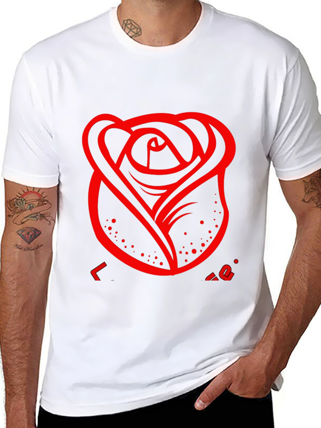Mens Black T-Shirt with Red Rose Design