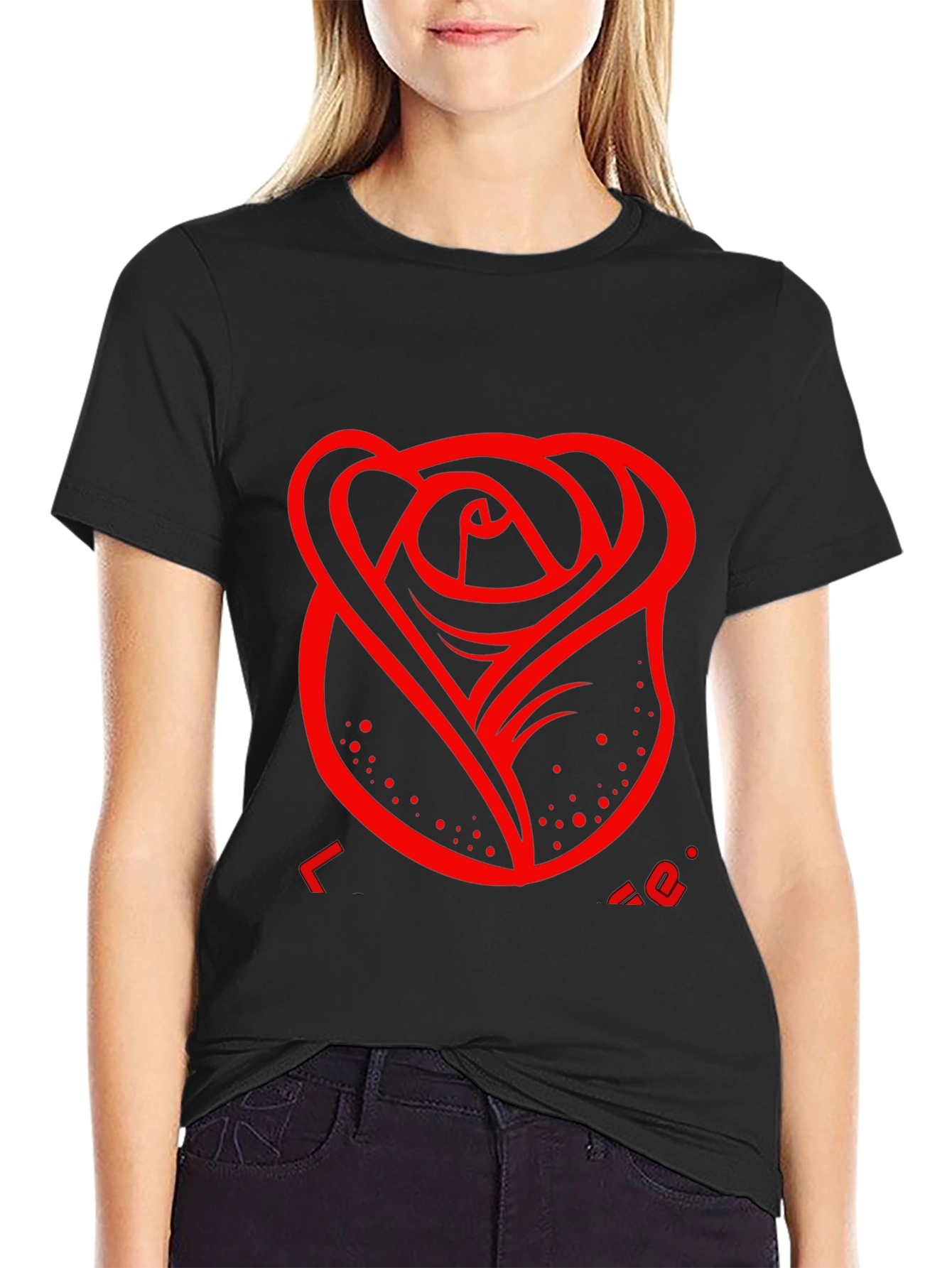 Mens Black T-Shirt with Red Rose Design