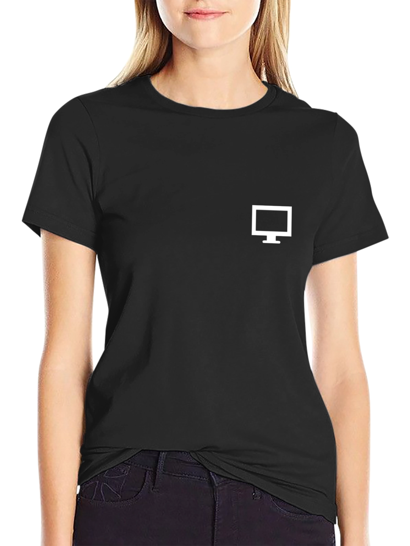 Modern Minimalist Black T-Shirt with Computer Icon