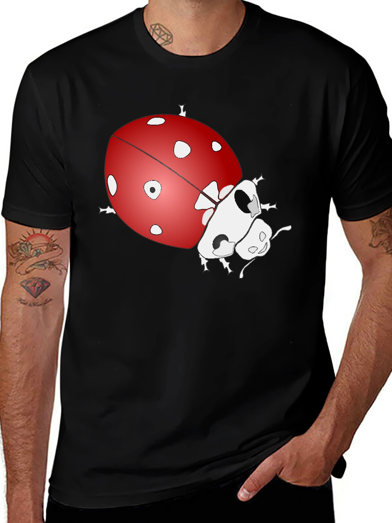 Ladybug Graphic Print Tee - Black Cotton Blend T-Shirt