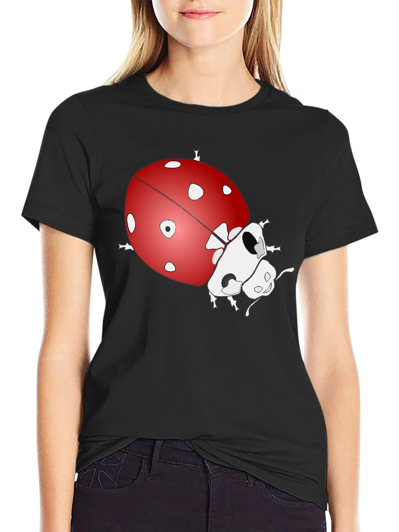 Ladybug Graphic Print Tee - Black Cotton Blend T-Shirt