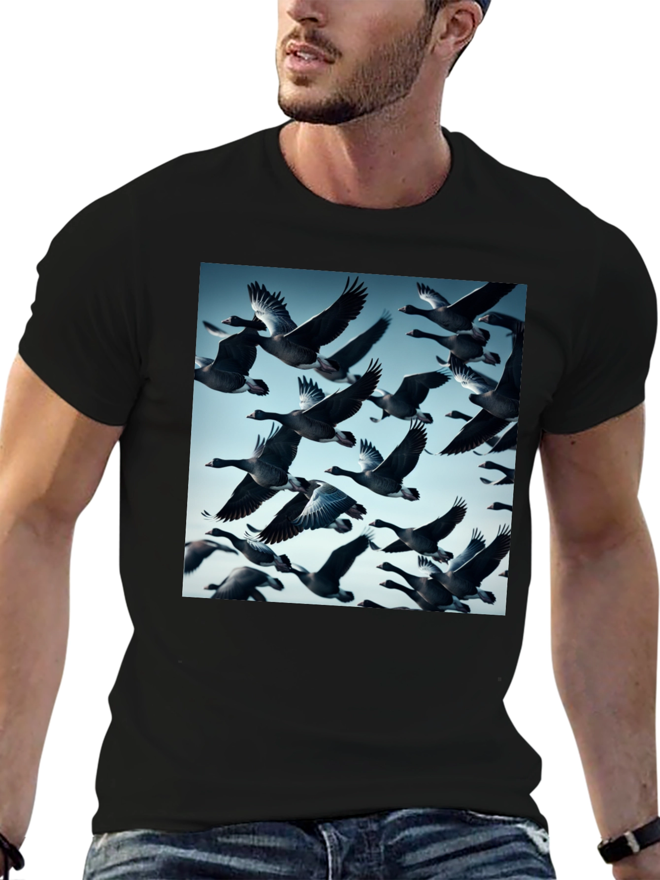 Mens Black T-Shirt with Flying Geese Print