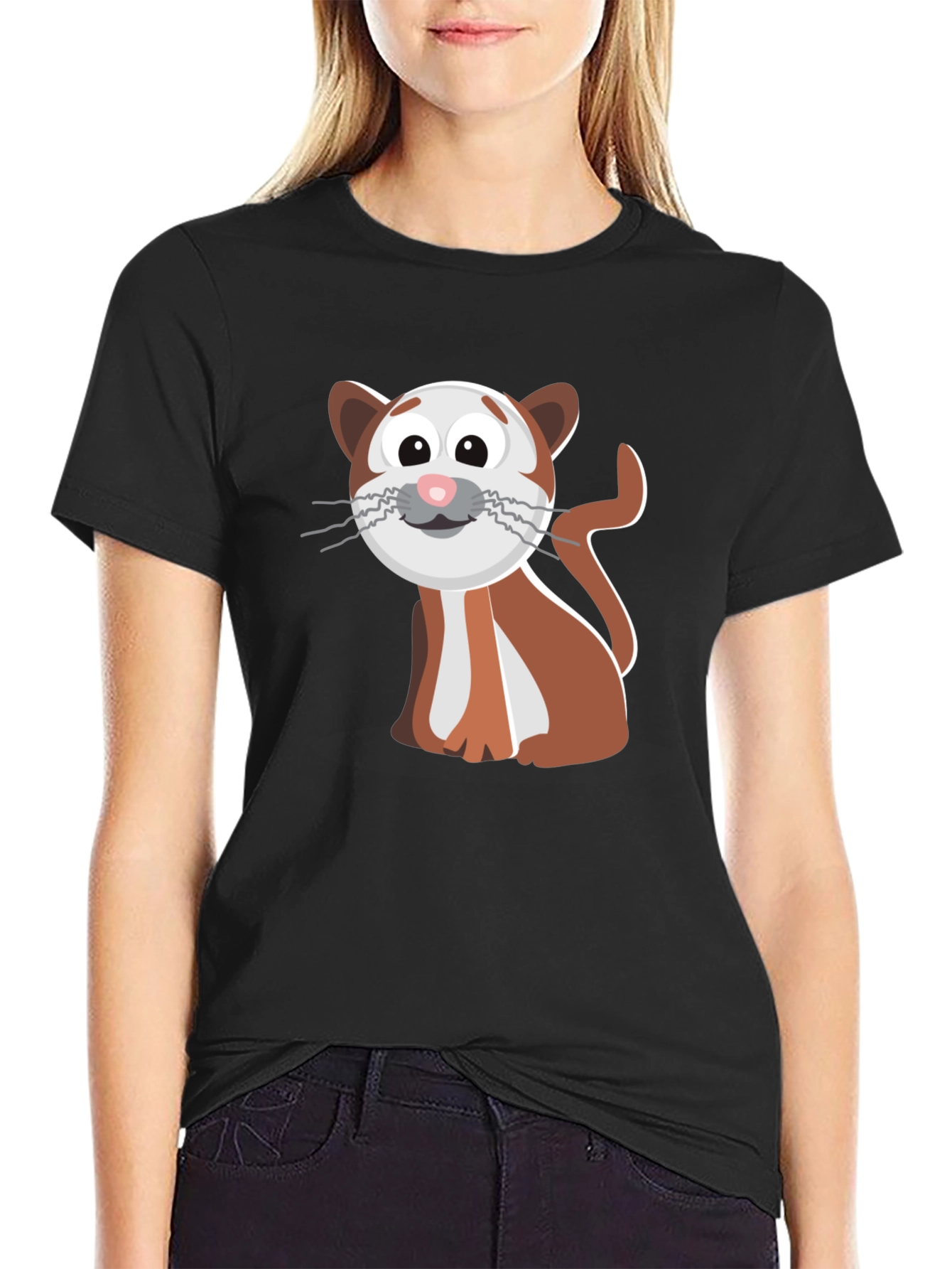Cute Cartoon Cat Graphic Tee - Black T-Shirt