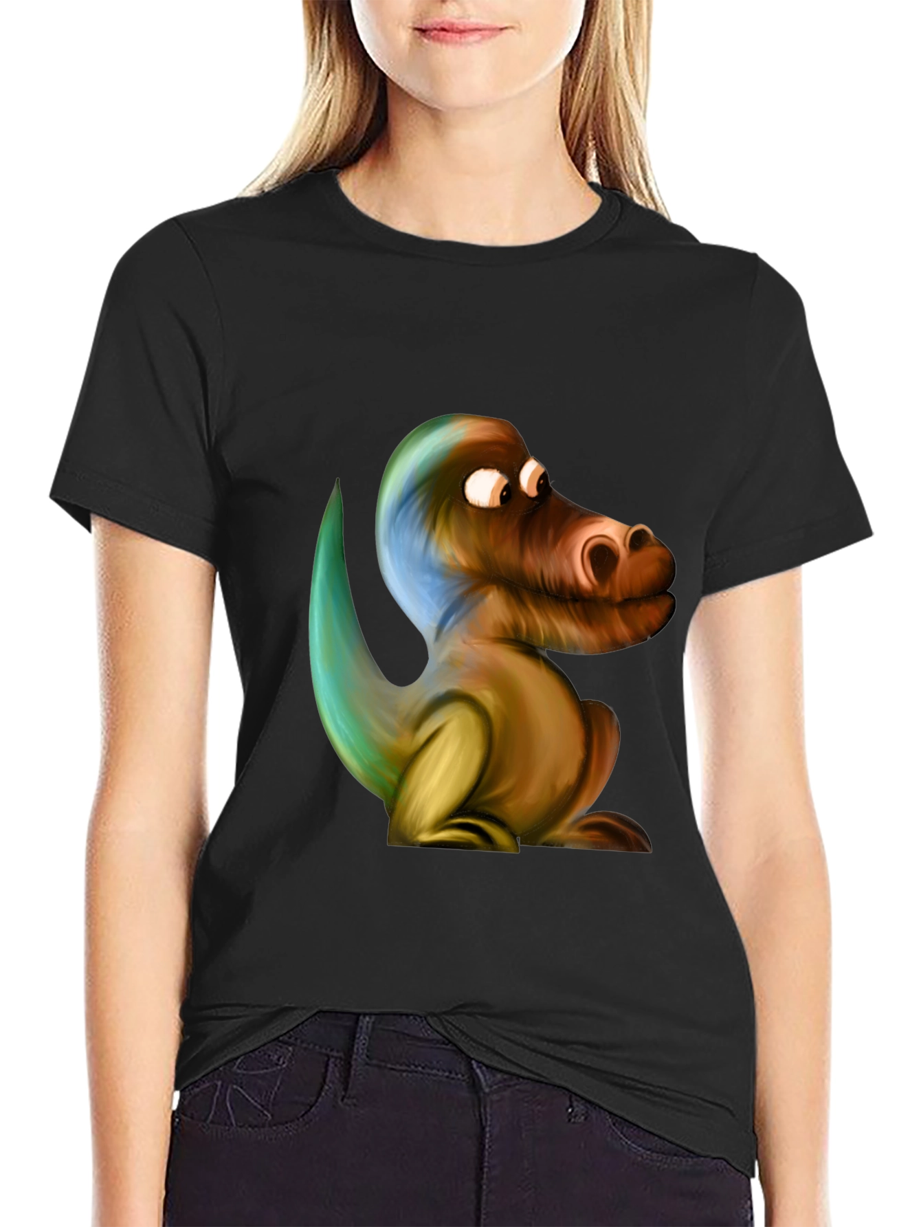 Cartoon Dinosaur Graphic Black T-Shirt