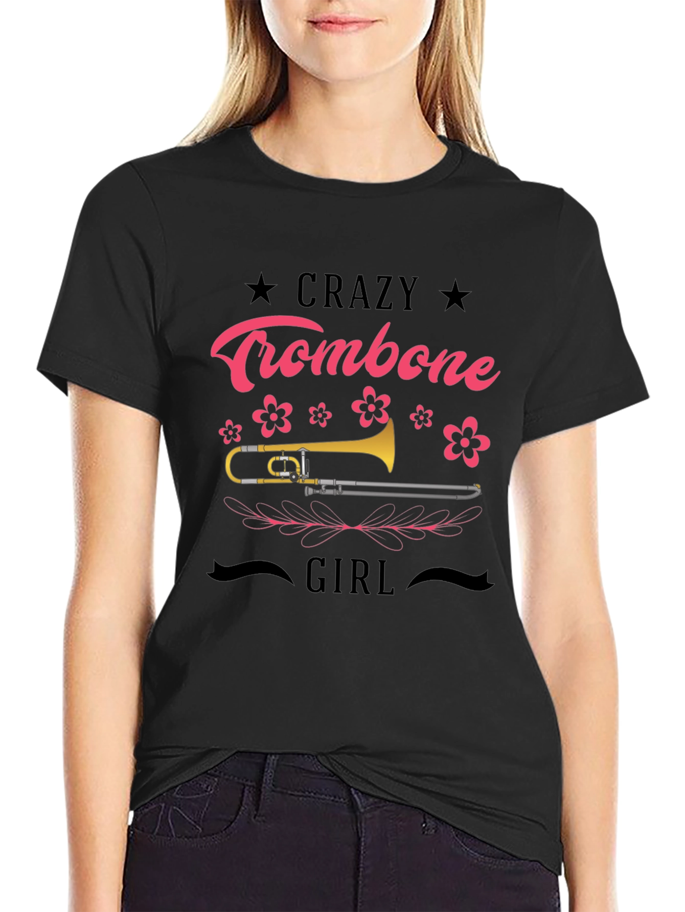 Crazy Trombone Girl Black T-Shirt