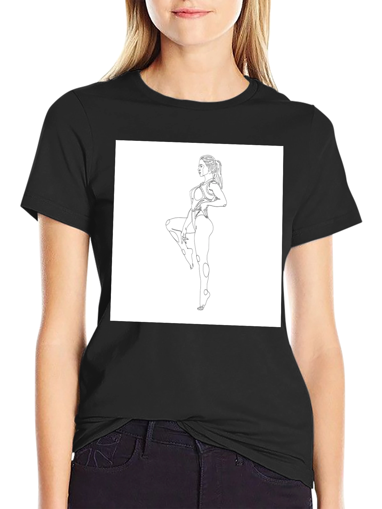 Line Art Woman Black T-Shirt