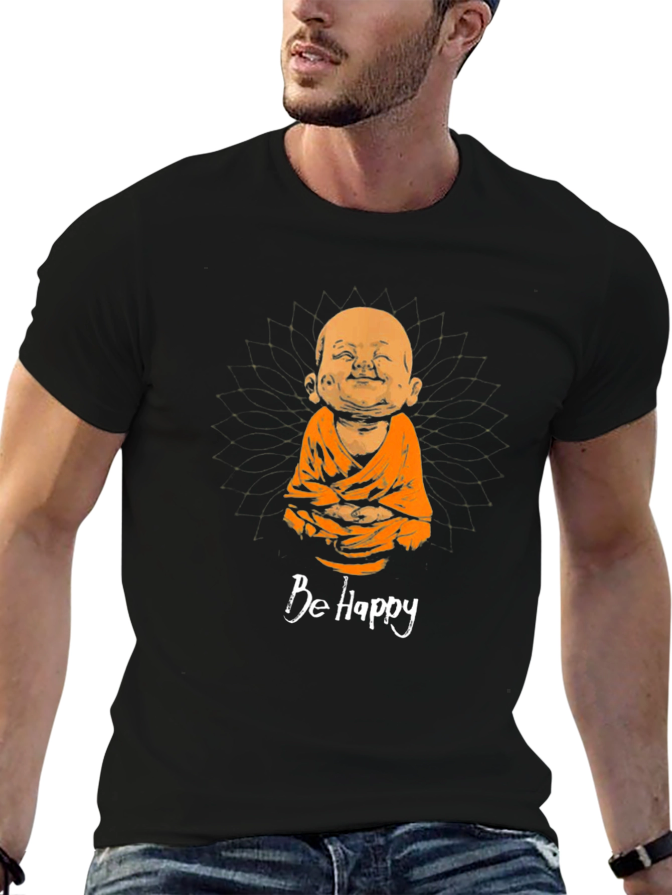 Be Happy Buddha Graphic Tee - Unisex Black T-Shirt