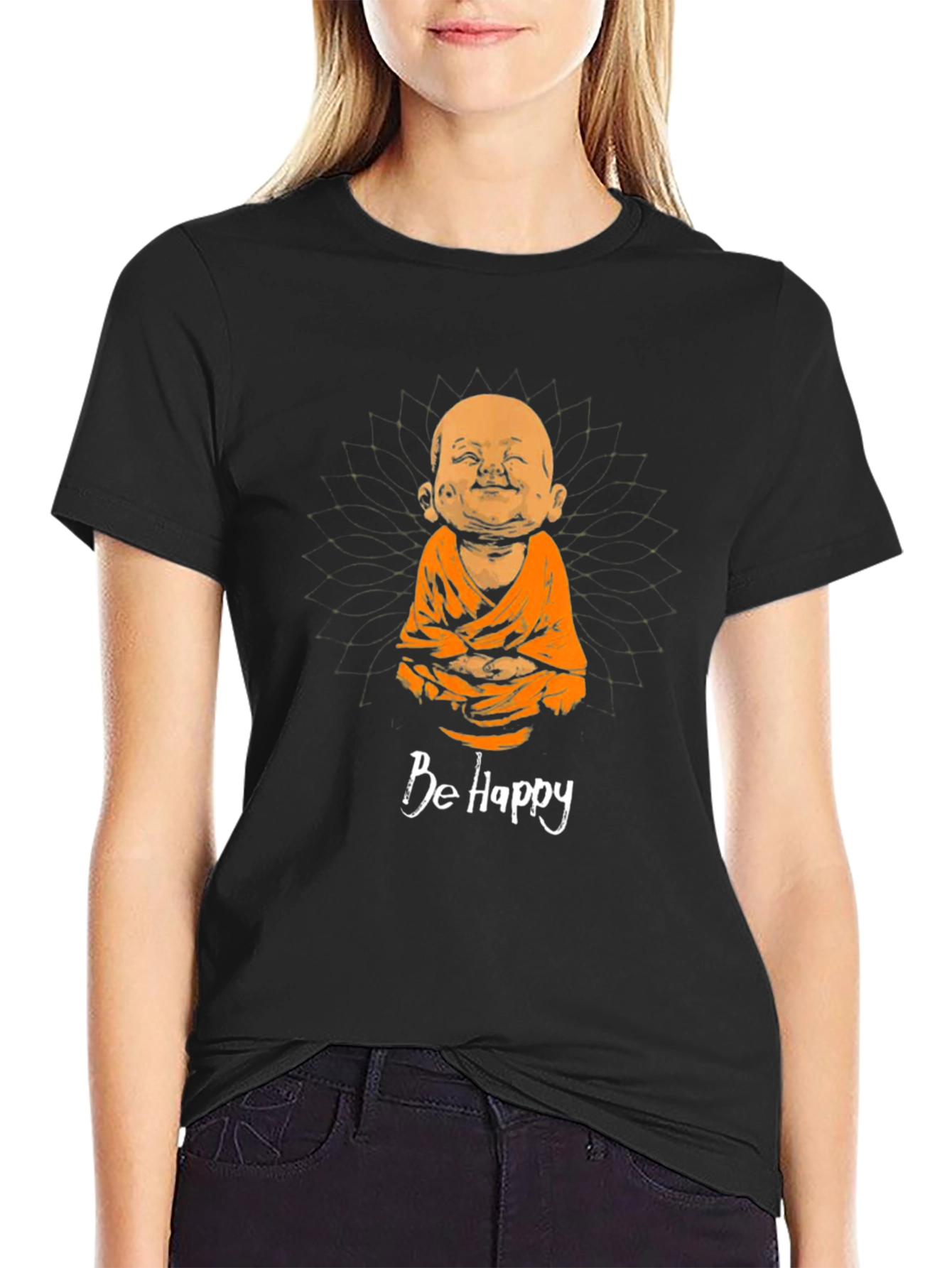 Be Happy Buddha Graphic Tee - Unisex Black T-Shirt