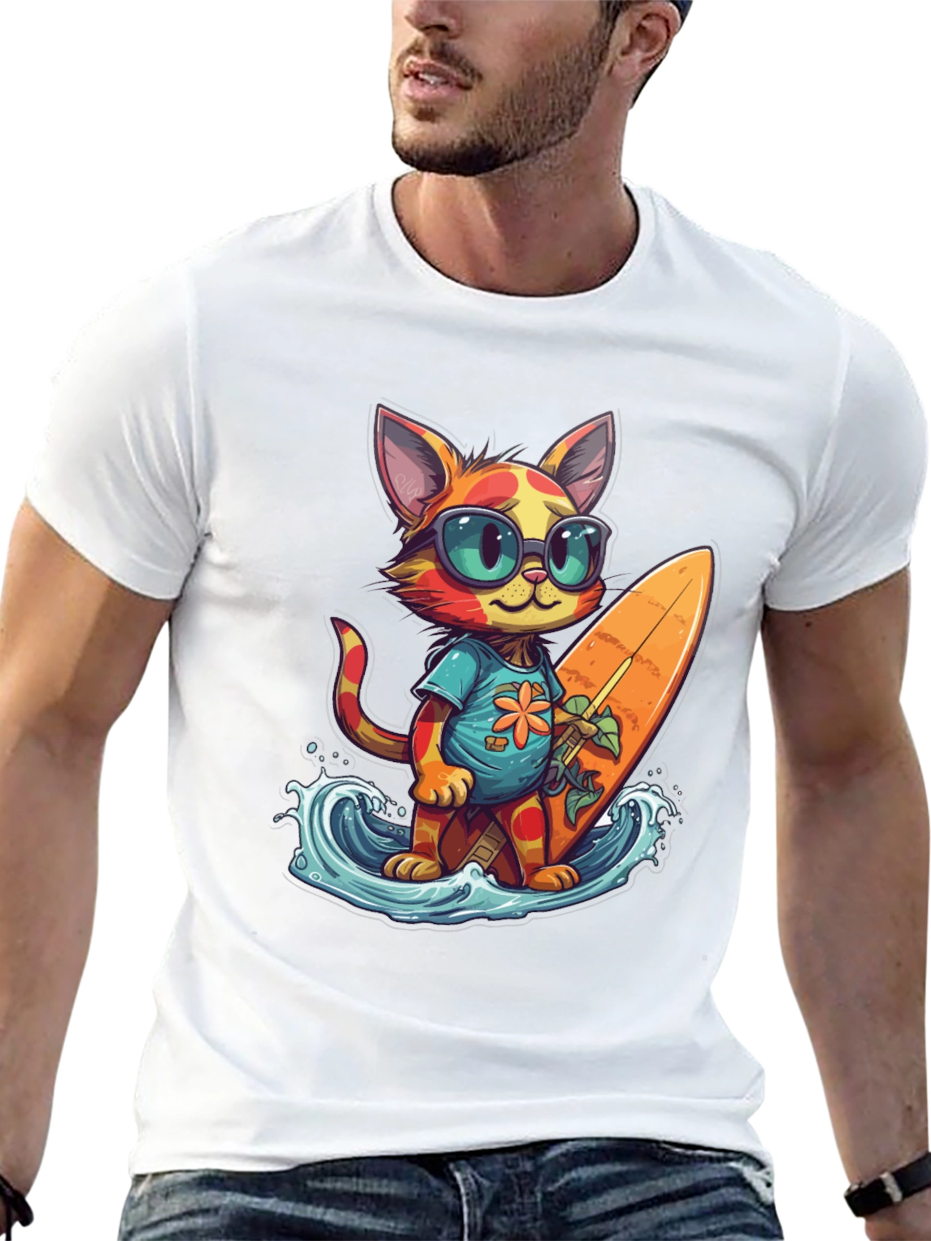 Surfing Cat Graphic Tee - Cool Summer Vibes