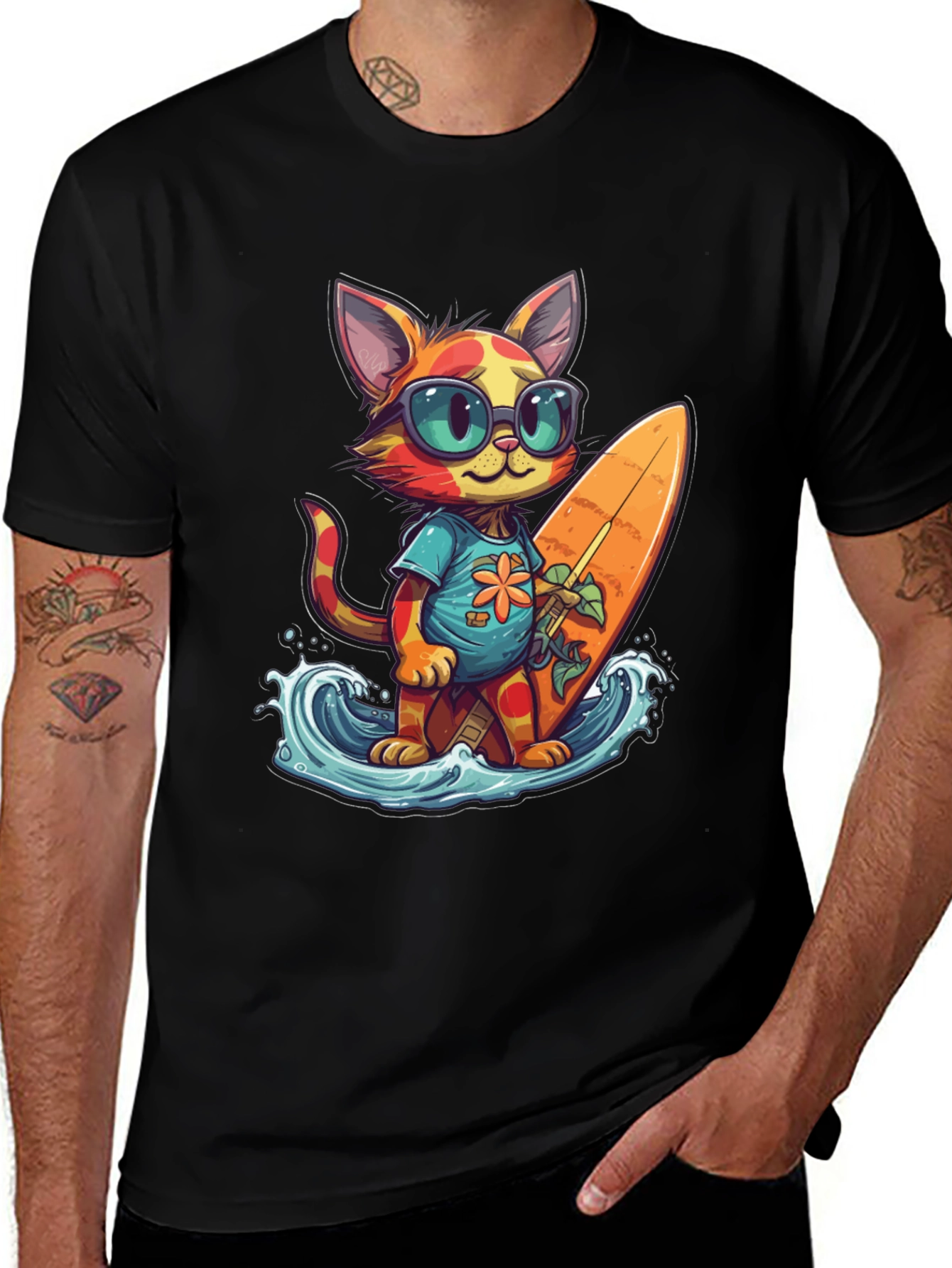 Surfing Cat Graphic Tee - Cool Summer Vibes