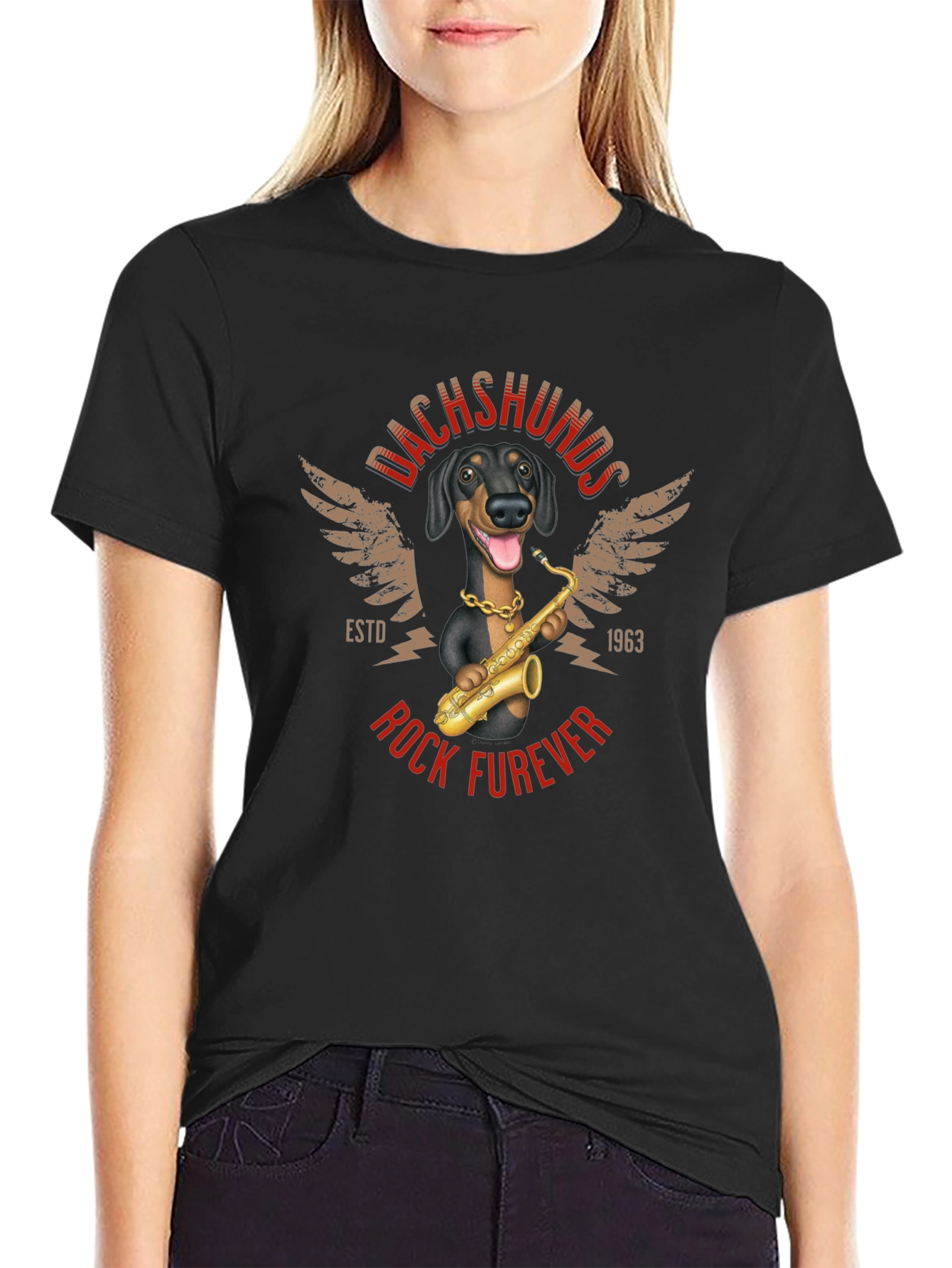 Dachshunds Rock Furever T-Shirt Funny Dog Saxophone Tee