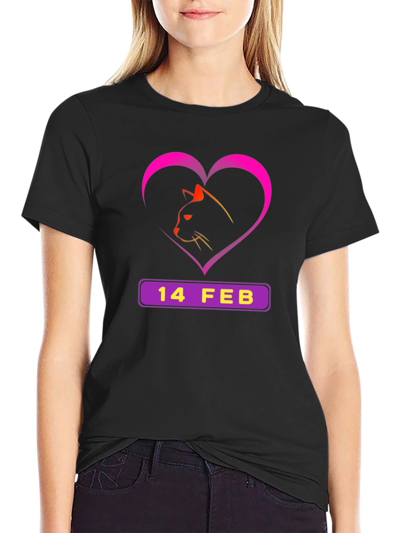 Valentines Day Cat T-Shirt - 14 Feb Heart Design