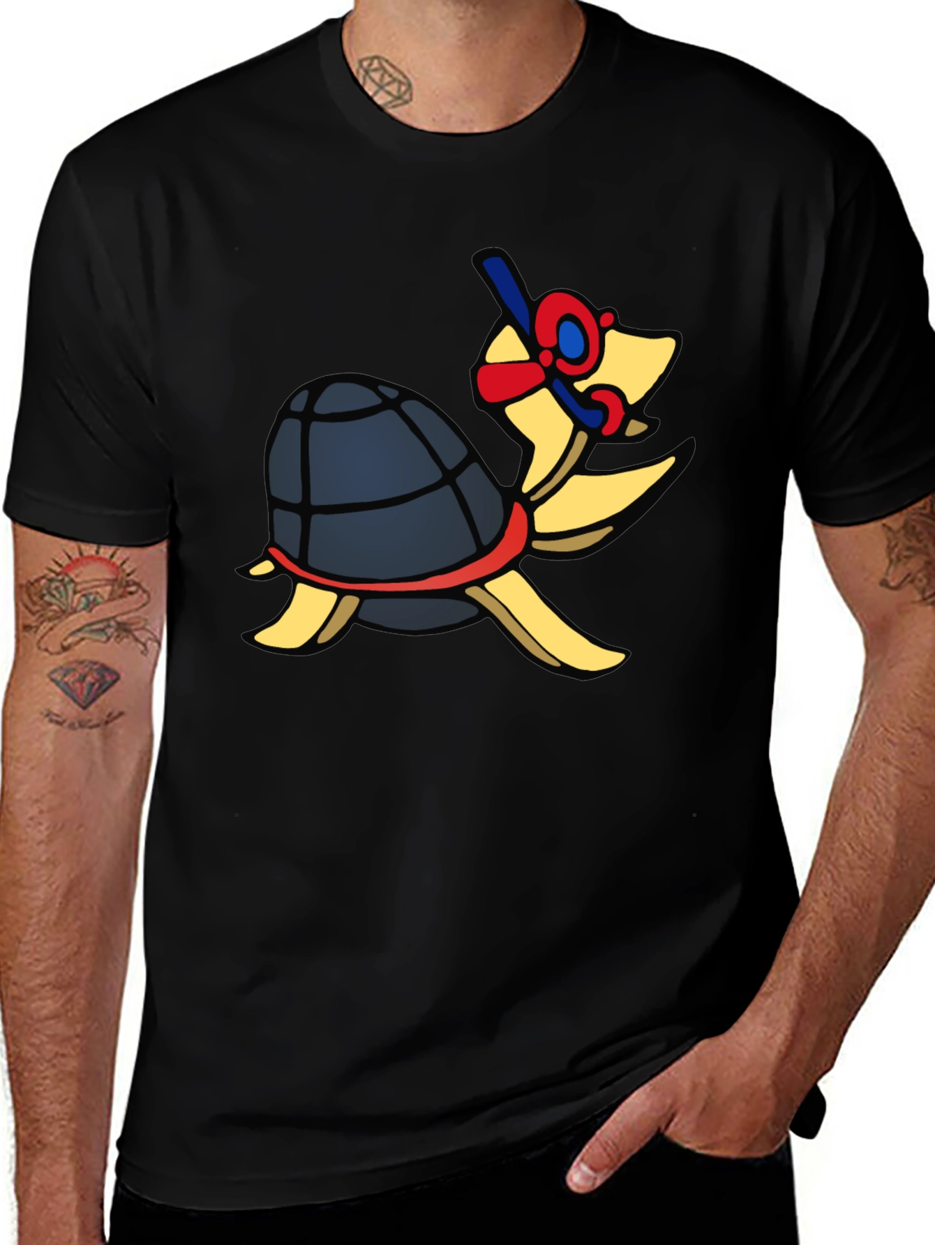 Snorkeling Turtle Graphic Tee - Black Cotton T-Shirt
