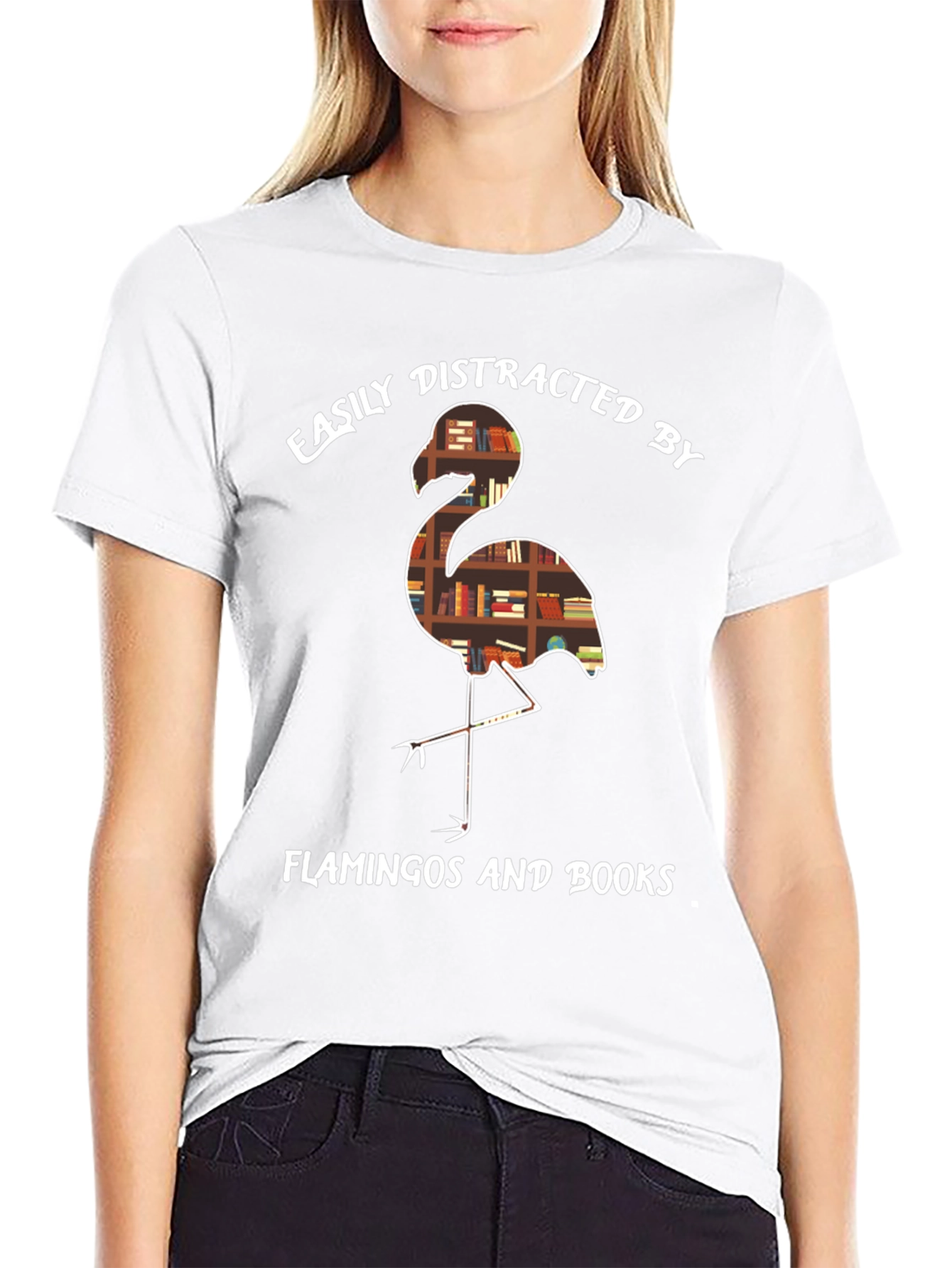 Easily Distracted by Flamingos and Books T-Shirt