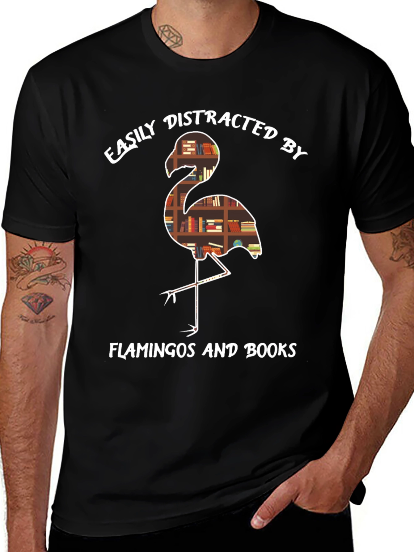 Easily Distracted by Flamingos and Books T-Shirt