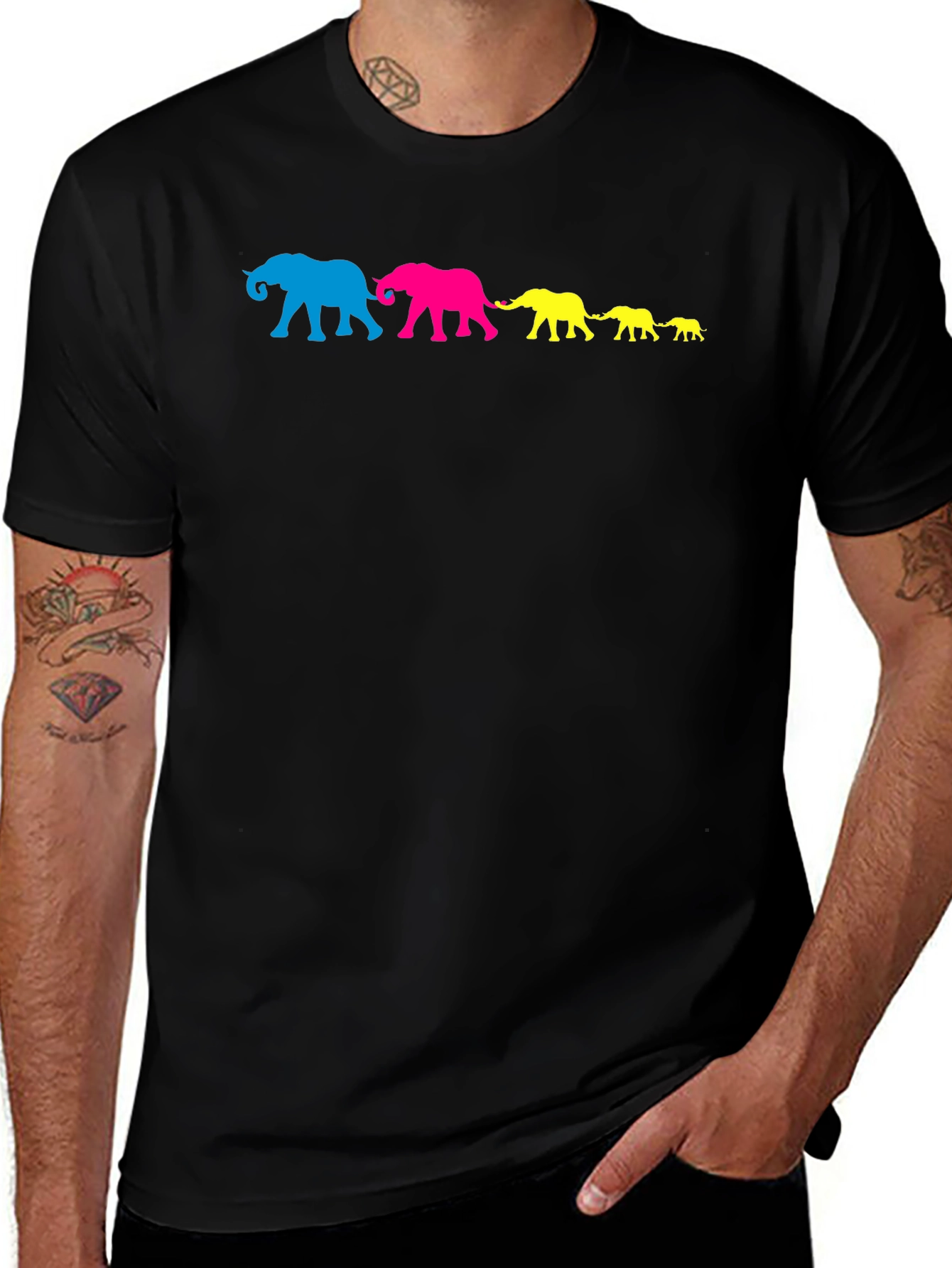 Elephant Family T-Shirt - Black Cotton Crew Neck