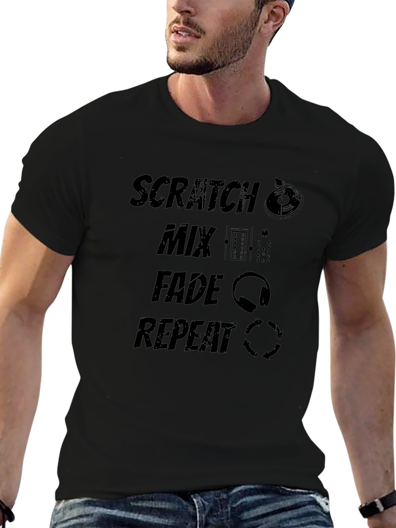 DJ Scratch Mix Fade Repeat Black Graphic T-Shirt