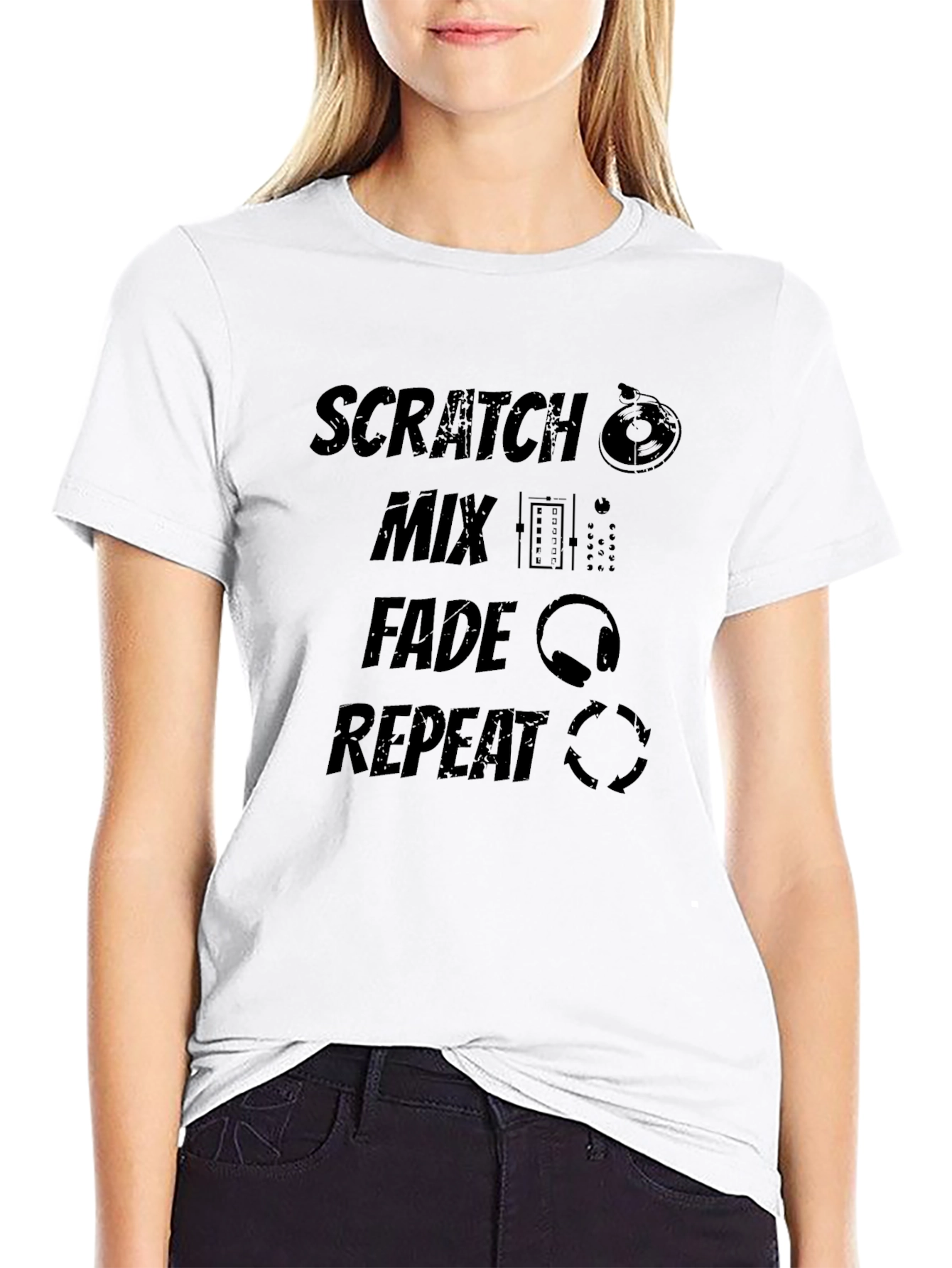 DJ Scratch Mix Fade Repeat Black Graphic T-Shirt