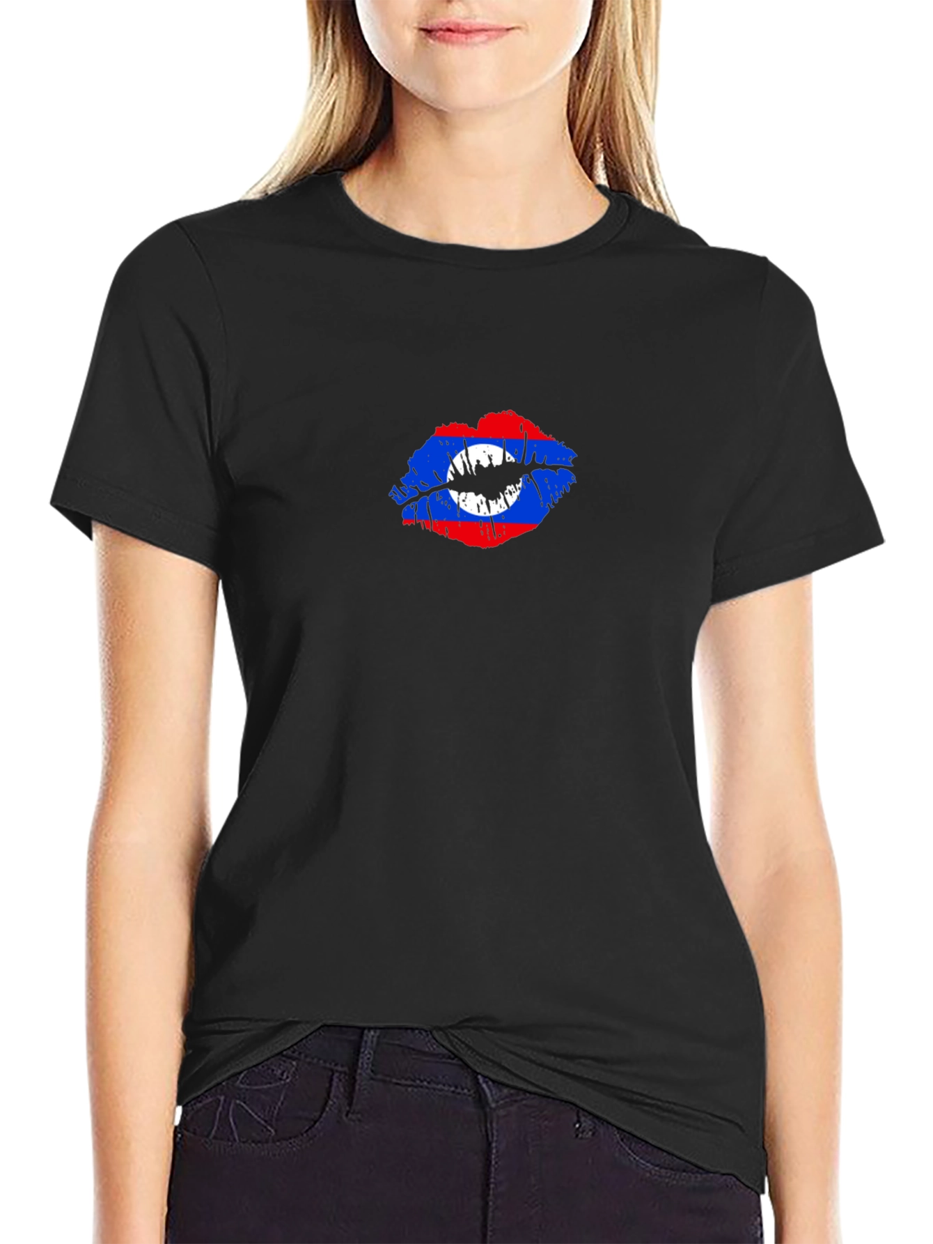 Lao Flag Lips T-Shirt - Black Crew Neck Tee