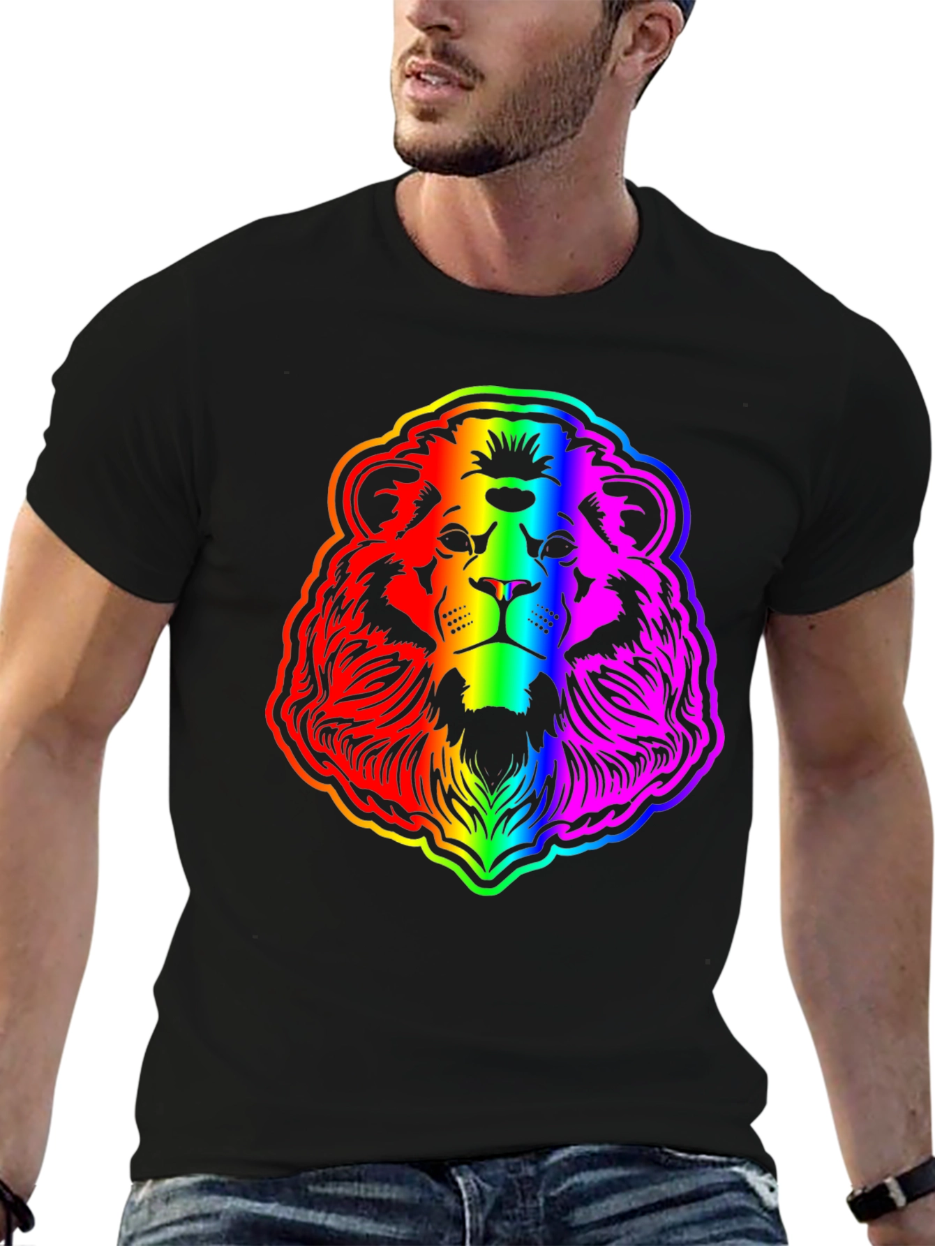 Rainbow Lion Graphic Tee - Bold Mens Black T-Shirt