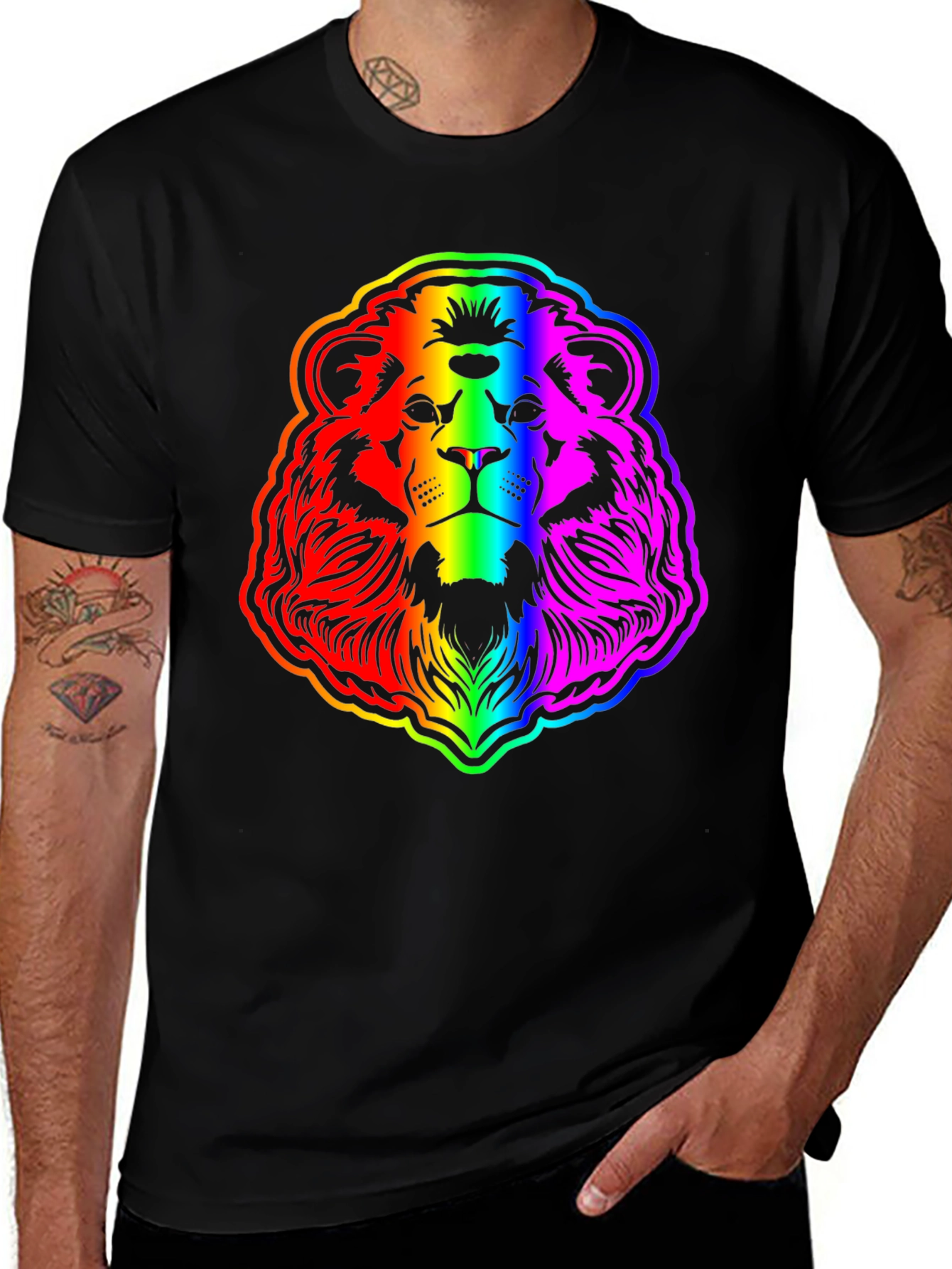 Rainbow Lion Graphic Tee - Bold Mens Black T-Shirt