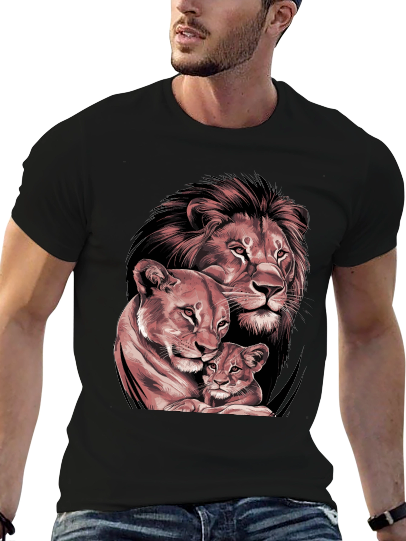 Lion Family Graphic Tee - Black Crew Neck T-Shirt