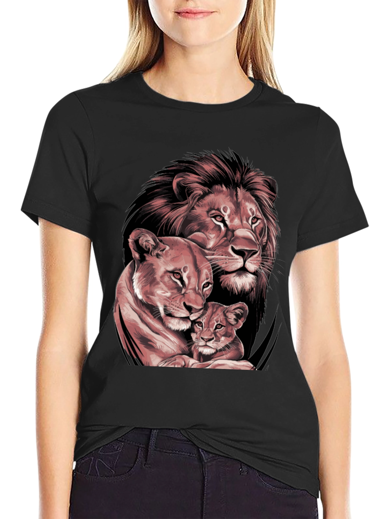 Lion Family Graphic Tee - Black Crew Neck T-Shirt