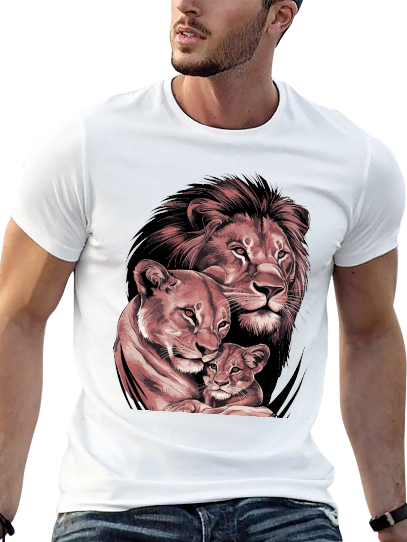 Lion Family Graphic Tee - Black Crew Neck T-Shirt