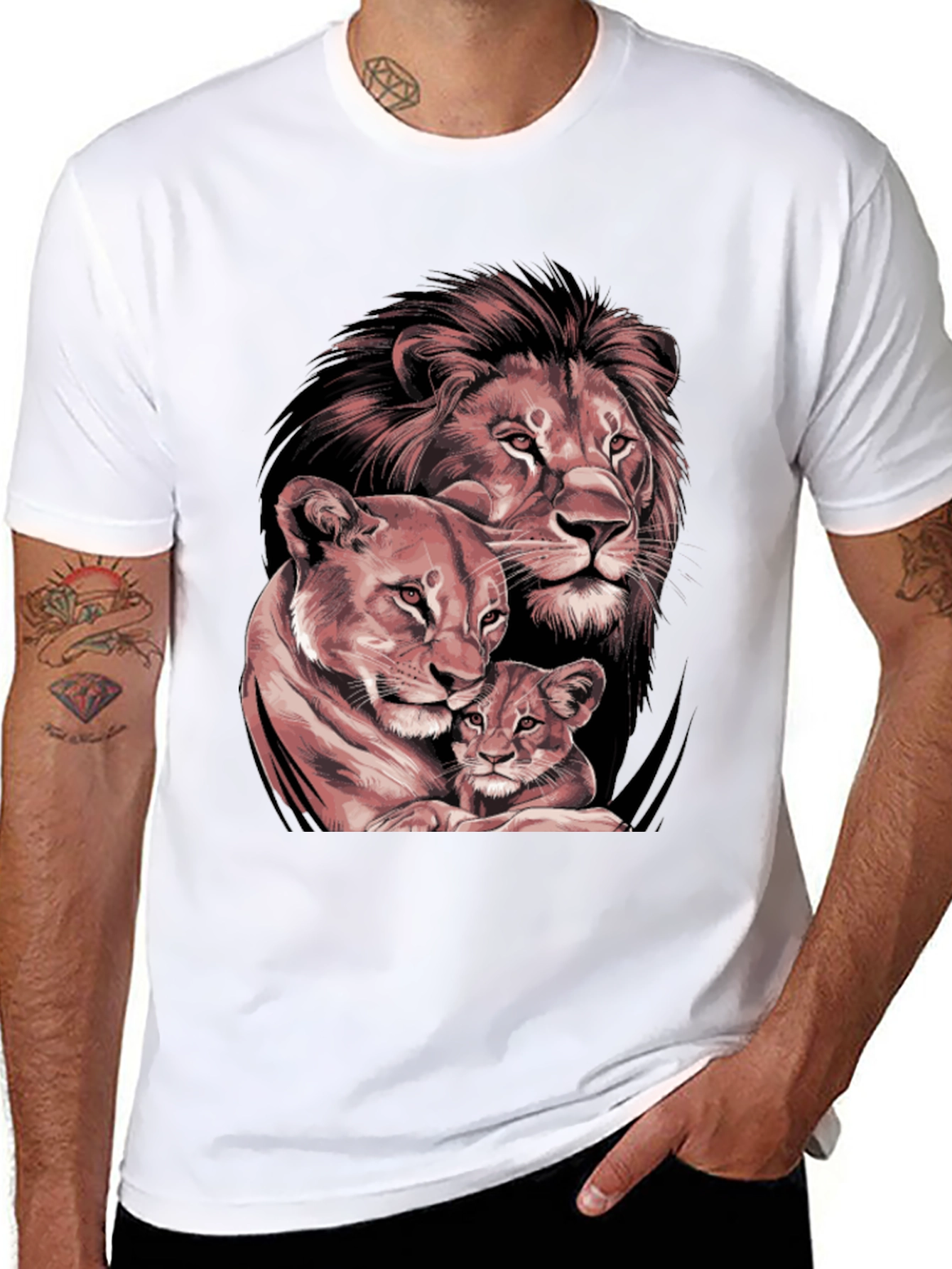 Lion Family Graphic Tee - Black Crew Neck T-Shirt