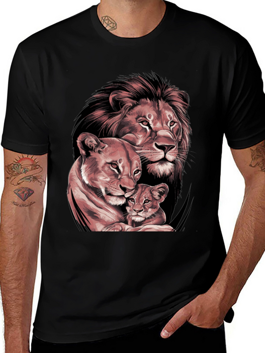 Lion Family Graphic Tee - Black Crew Neck T-Shirt