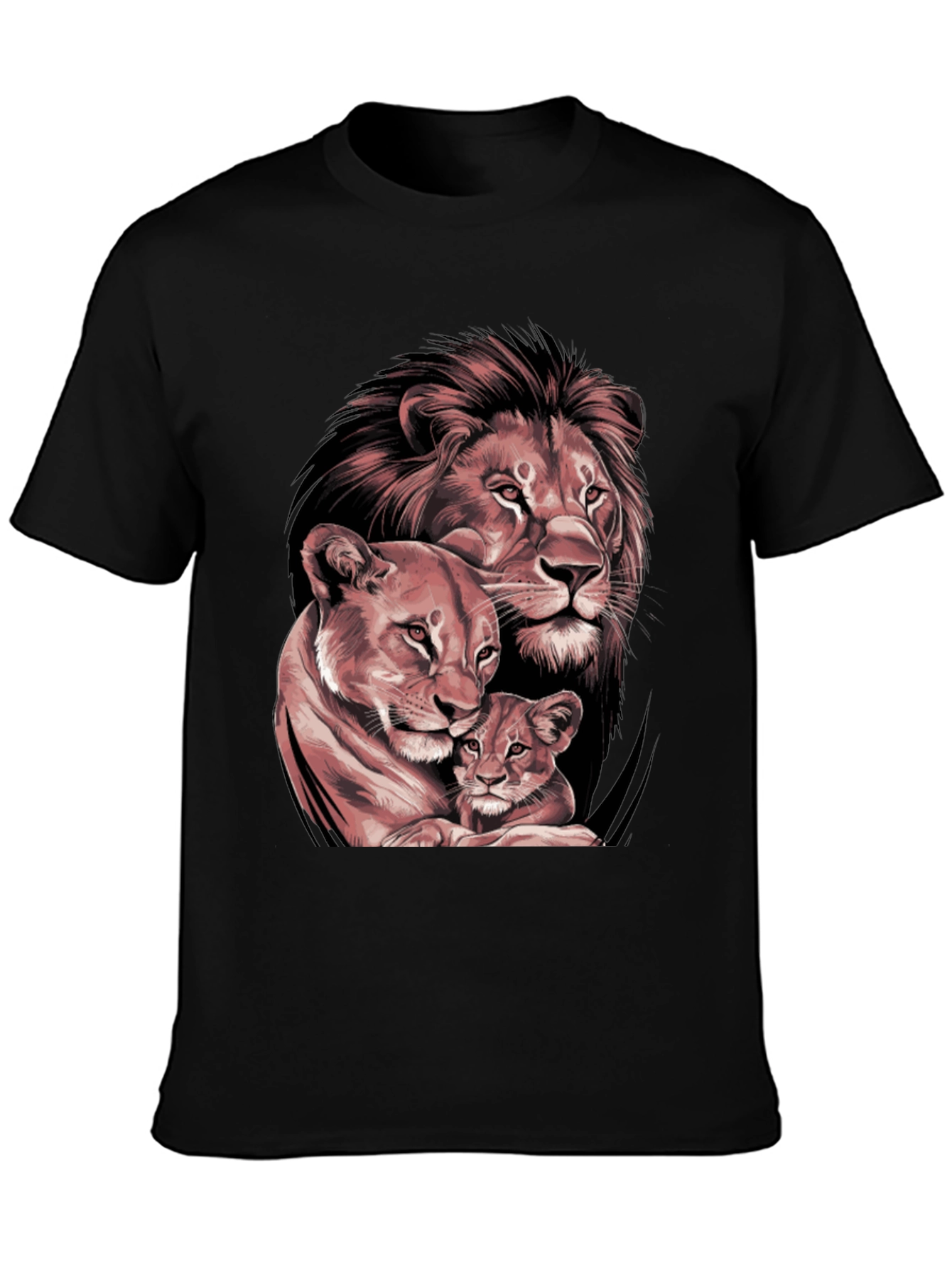 Lion Family Graphic Tee - Black Crew Neck T-Shirt